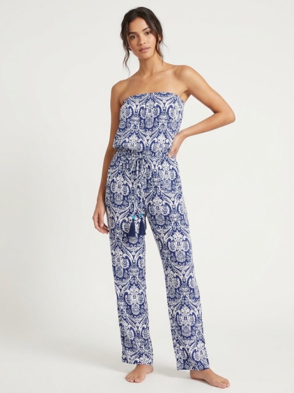 blue island Navy and White Strapless Printed Jumpsuit